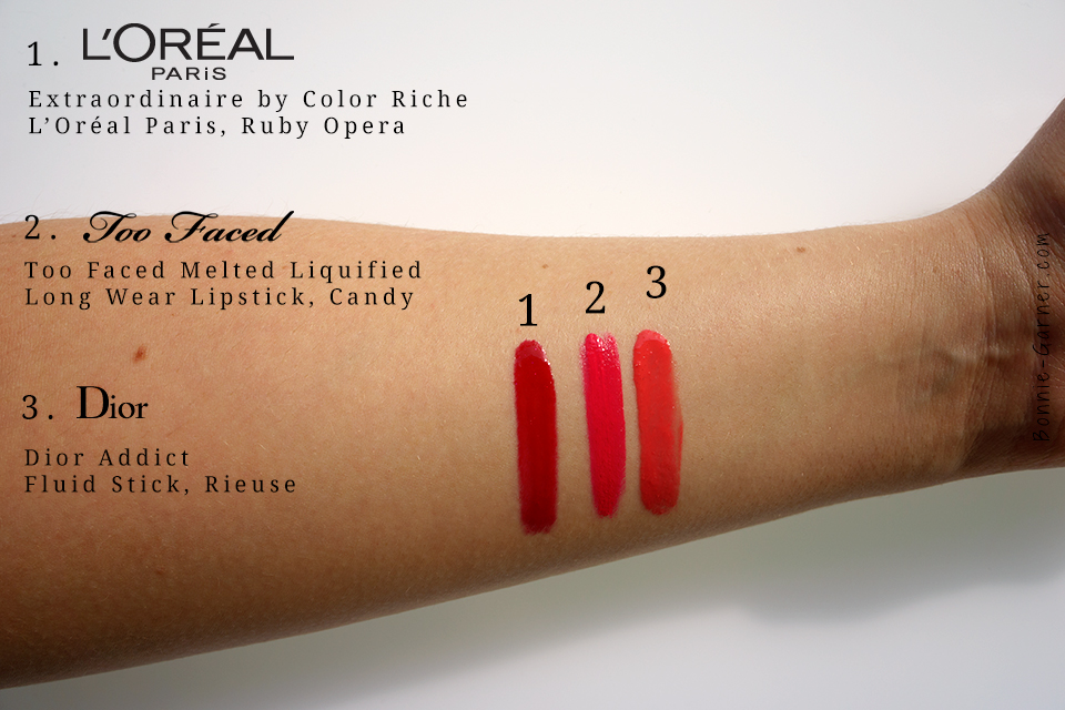 Extraordinaire Ruby Opera L'Oréal Paris, Too Faced Melted Liquified Candy, Dior Addict, Swatches