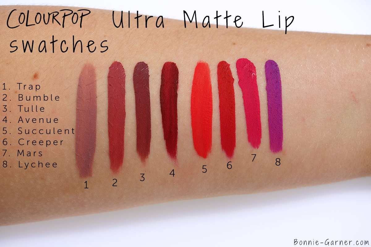 ColourPop Ultra Matte Lip Trap Bumble Tulle Avenue Succulent Creeper Mars Lychee swatches