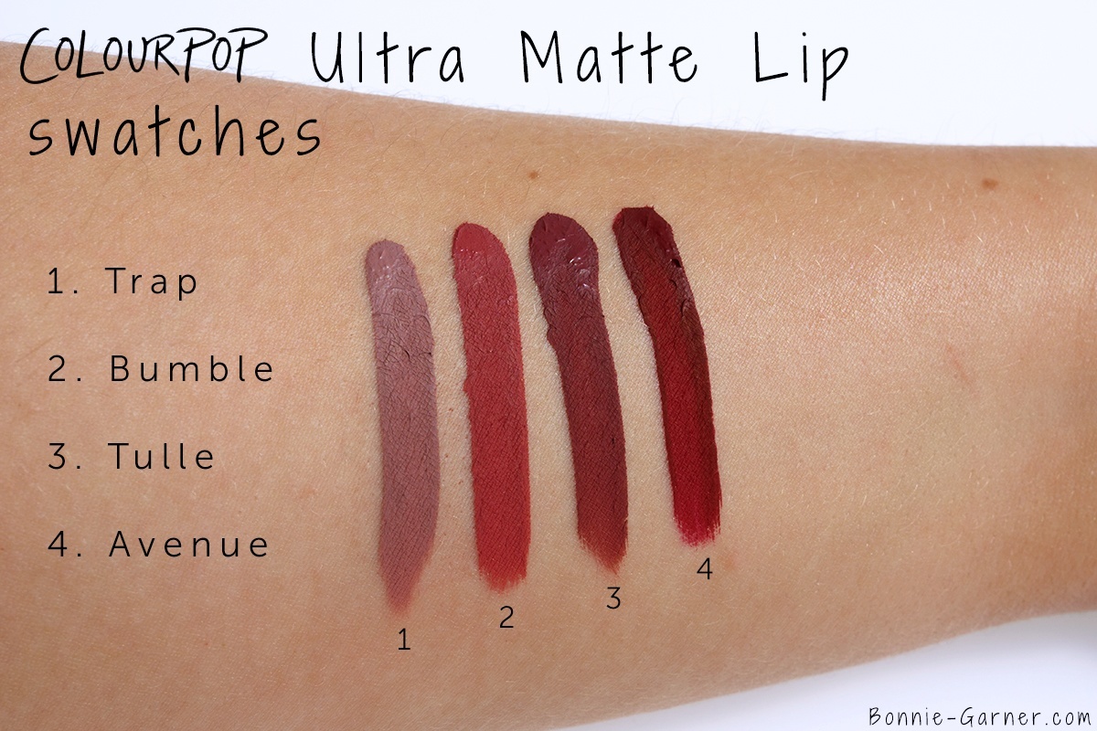 ColourPop Ultra Matte Lip Trap Bumble Tulle Avenue swatches