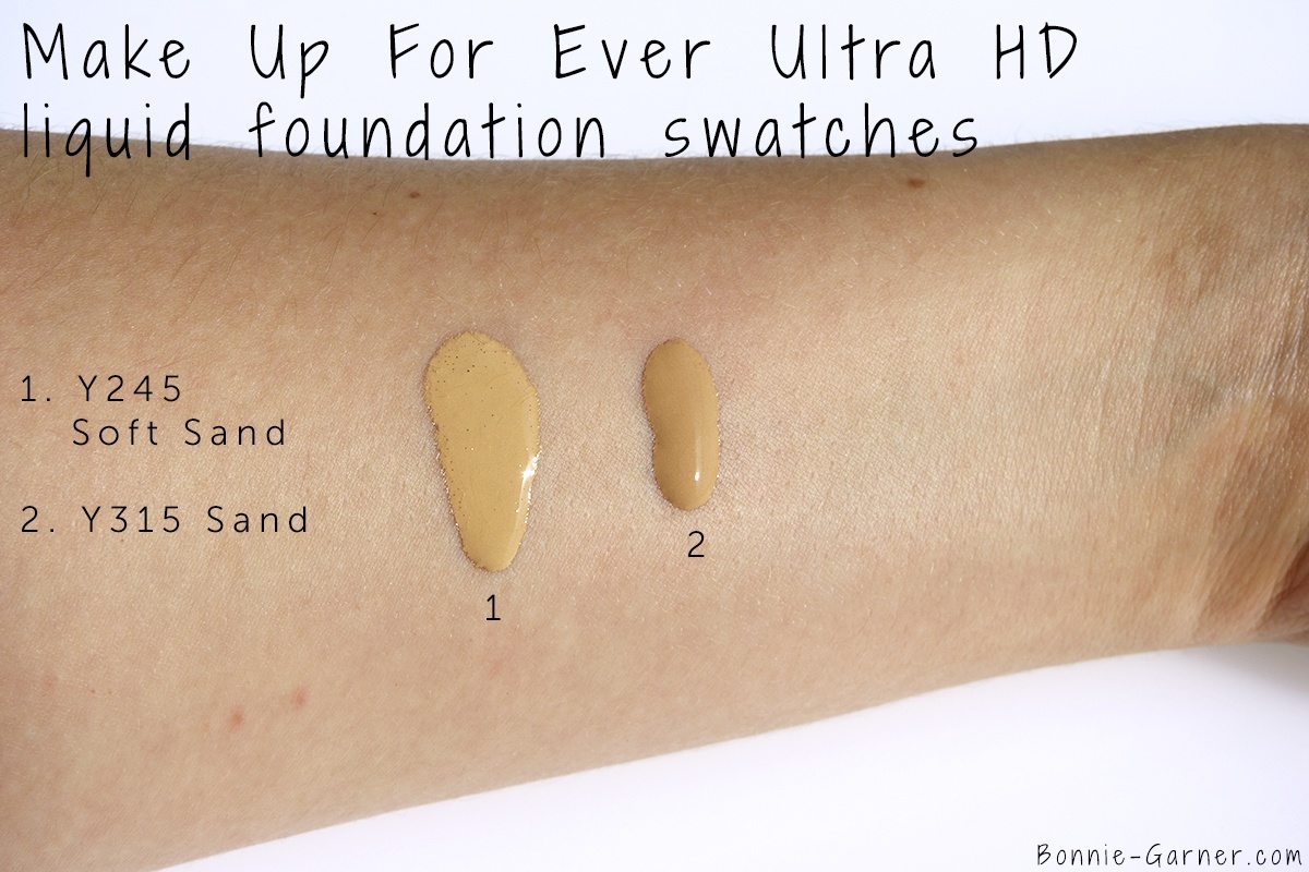 Make Up For Ever Ultra HD liquid foundation Y315 sand & Y245 soft sand swatches