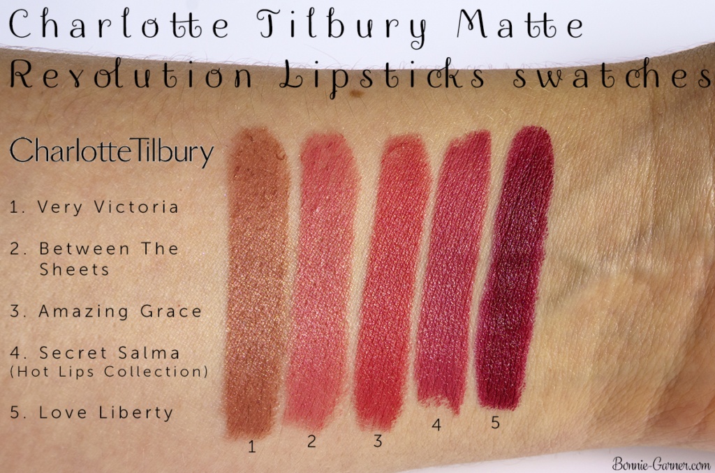 Charlotte Tilbury Hot Lips collection & Matte Revolution lipsticks swatches: Very Victoria, Between The Sheets, Amazing Grace, Secret Salma, Love Liberty